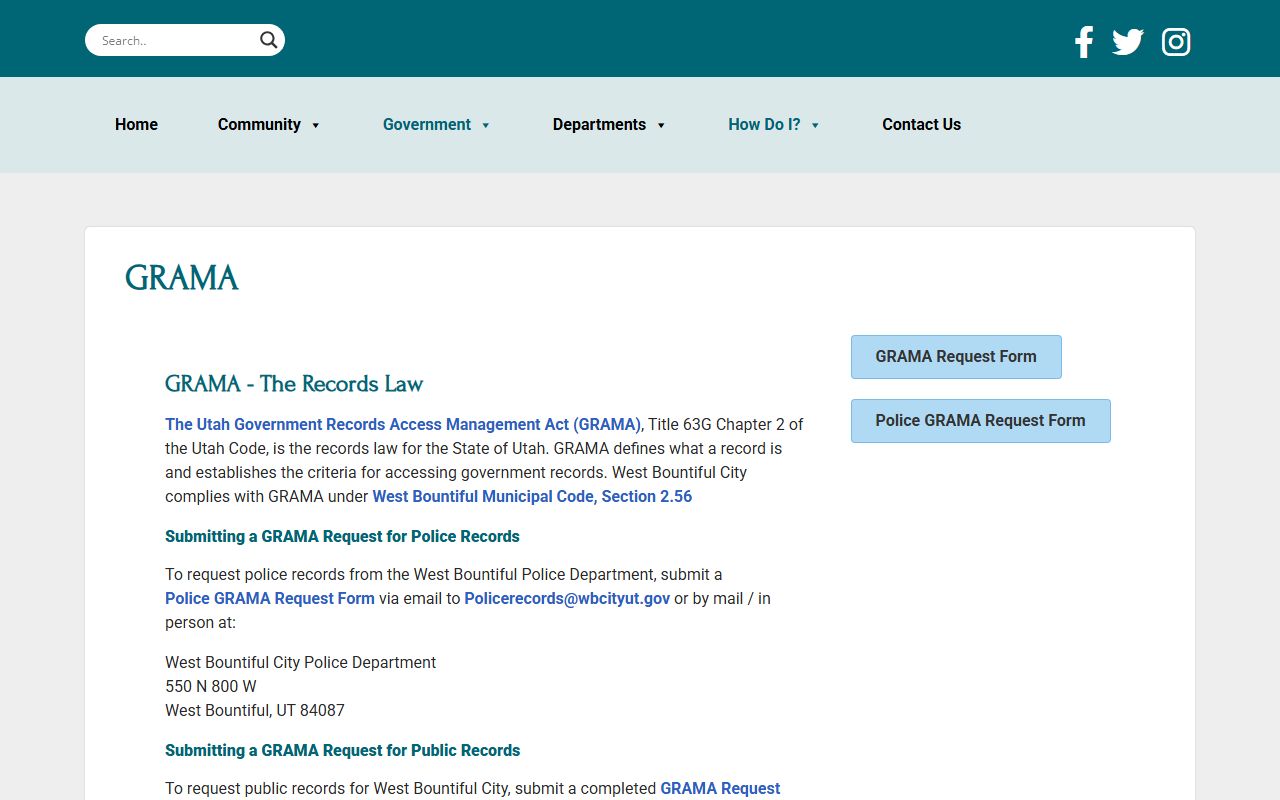 West Bountiful GRAMA records request page for criminal records