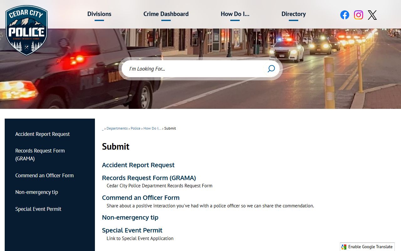 Cedar City Police Department records request form for criminal records