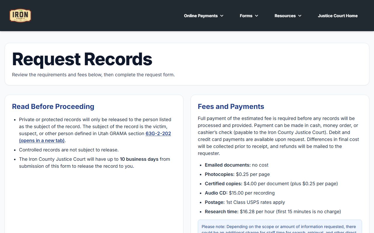 Iron County Justice Court records request for Cedar City criminal cases