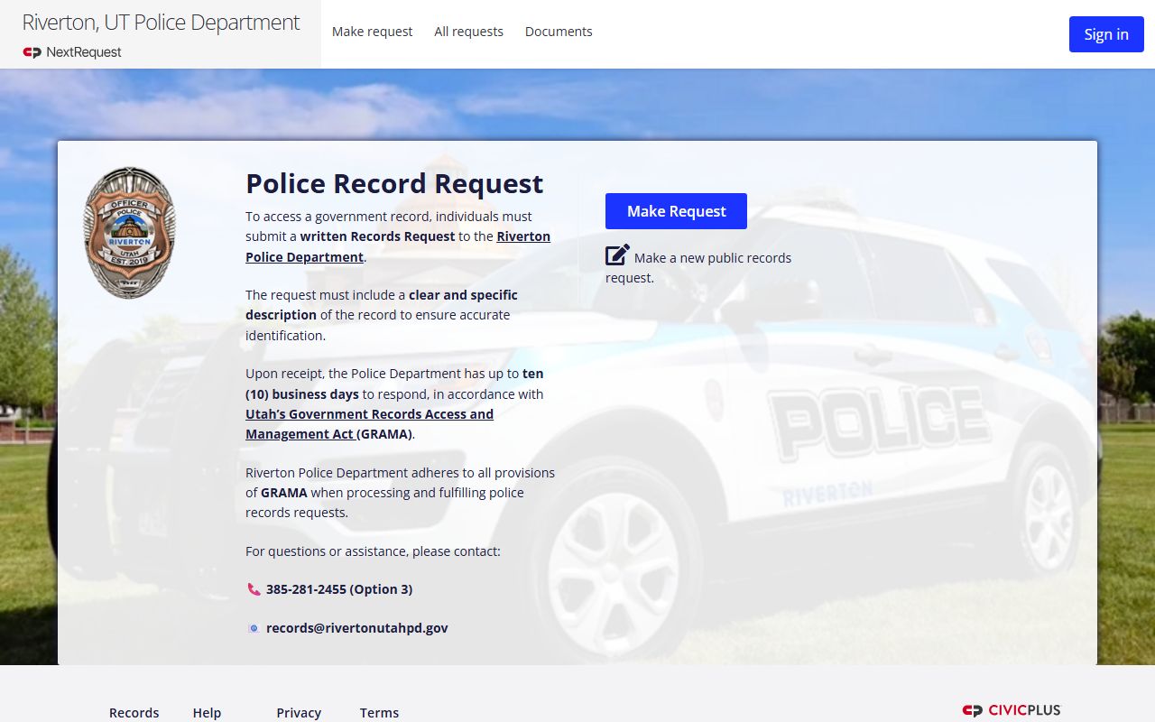 Riverton Police NextRequest portal for criminal records requests