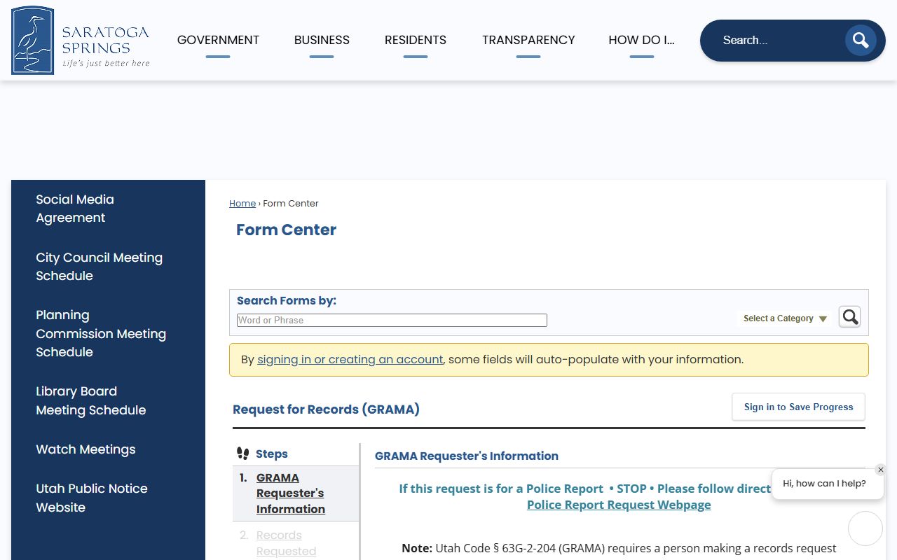 Saratoga Springs city GRAMA records request form