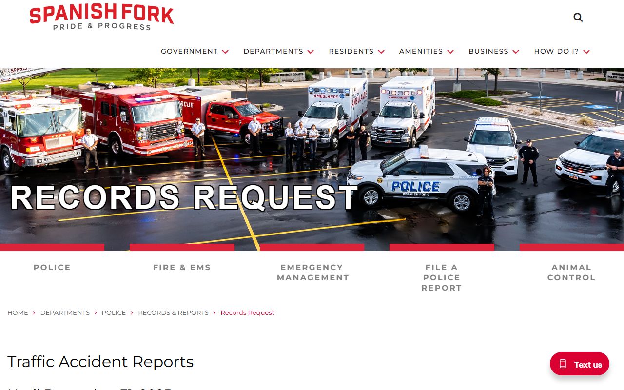Spanish Fork Police Department records request page for Spanish Fork criminal records