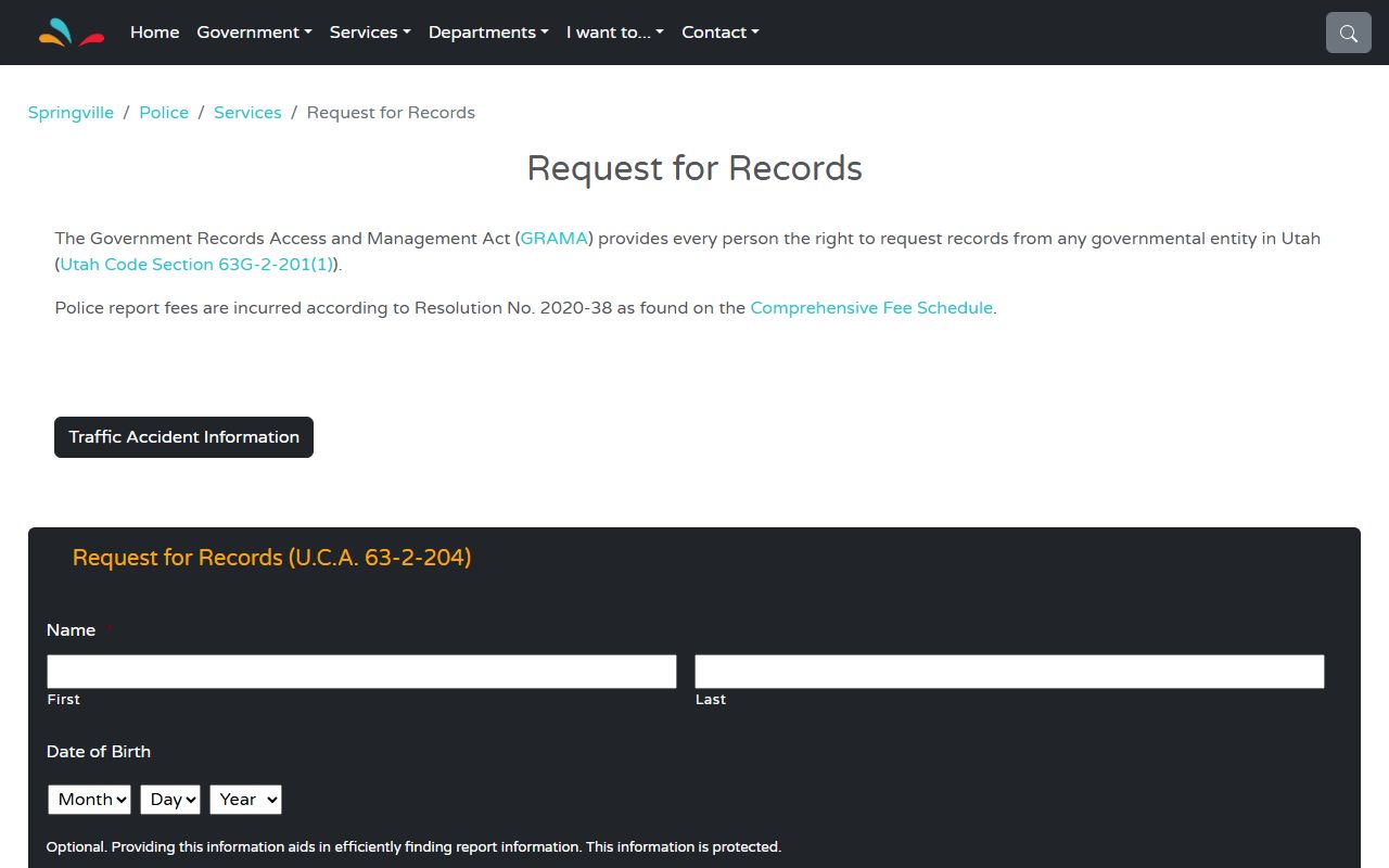 Springville Police Department official records request for Springville criminal records
