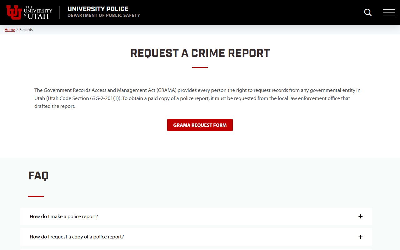 Utah Valley University Police Department GRAMA records reference for Springville criminal records
