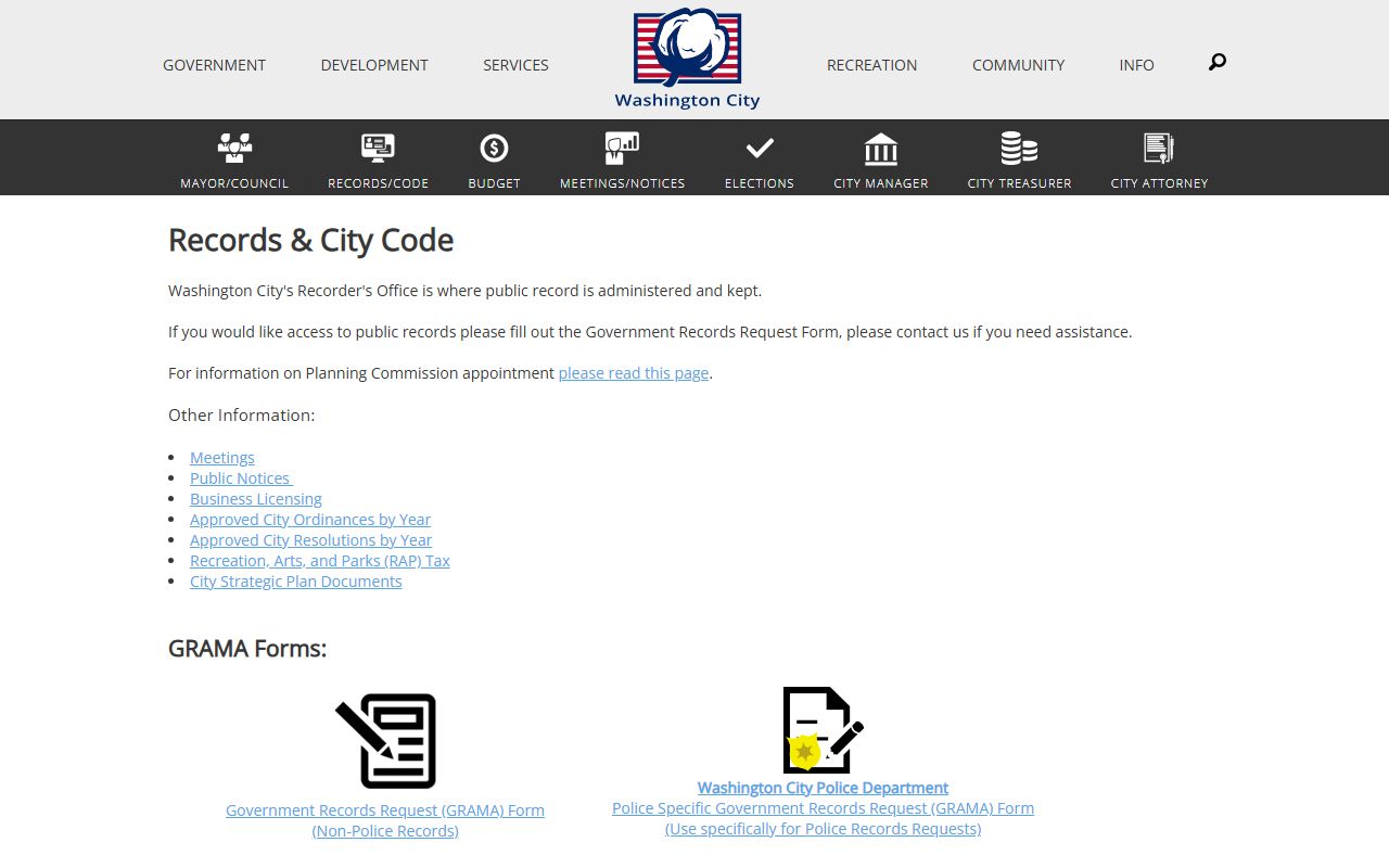 Washington City Recorder's Office Washington City criminal records