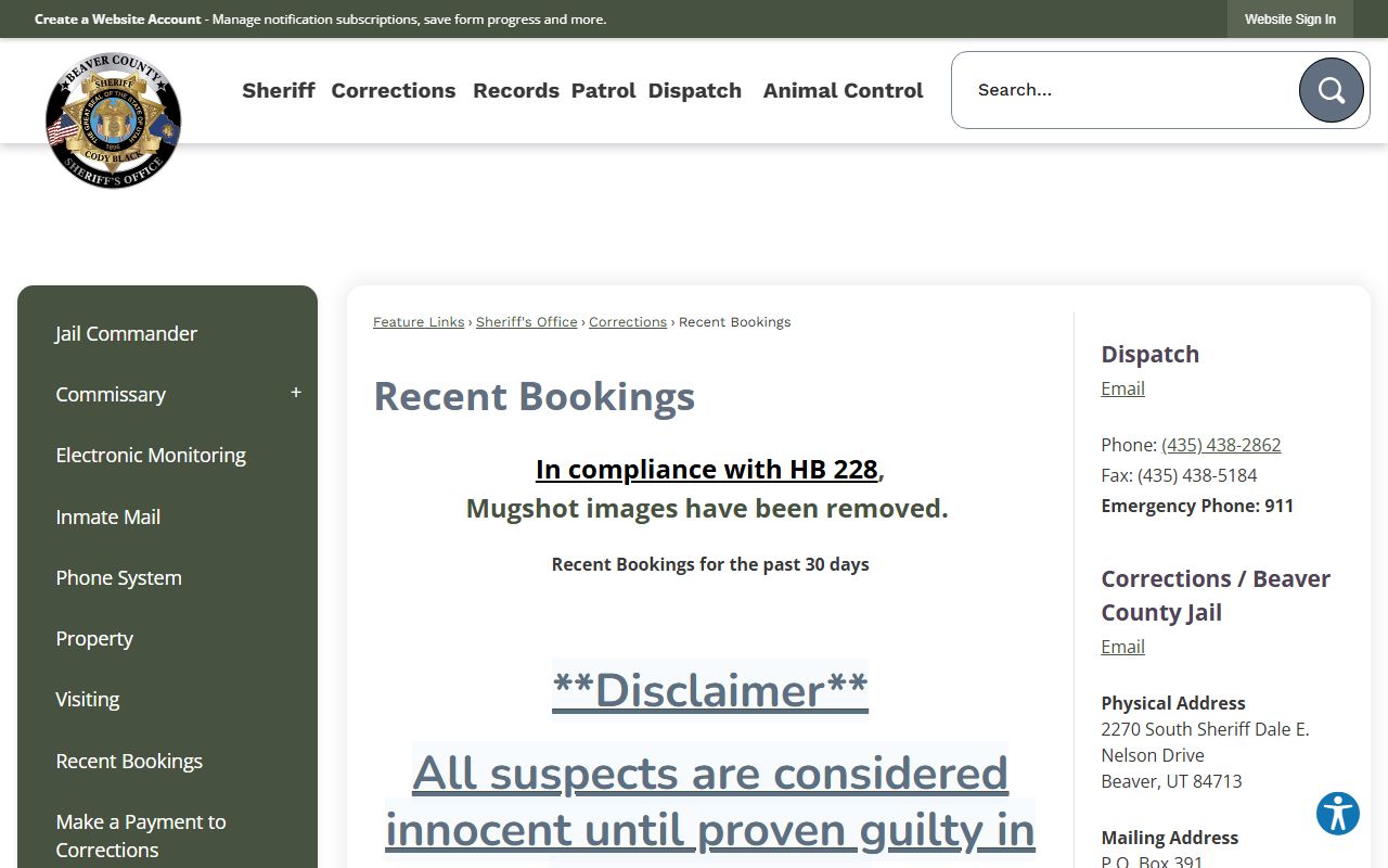 Beaver County recent bookings page showing arrest records