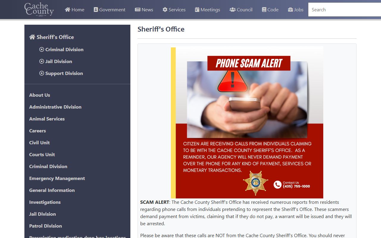 Cache County Sheriff's Office website for criminal records and arrest information