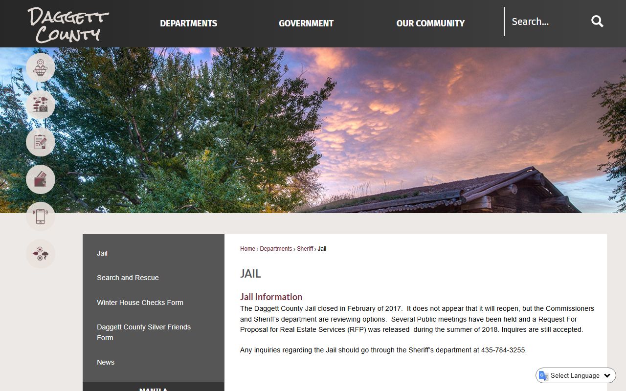 Daggett County Jail page showing closure information and inmate handling