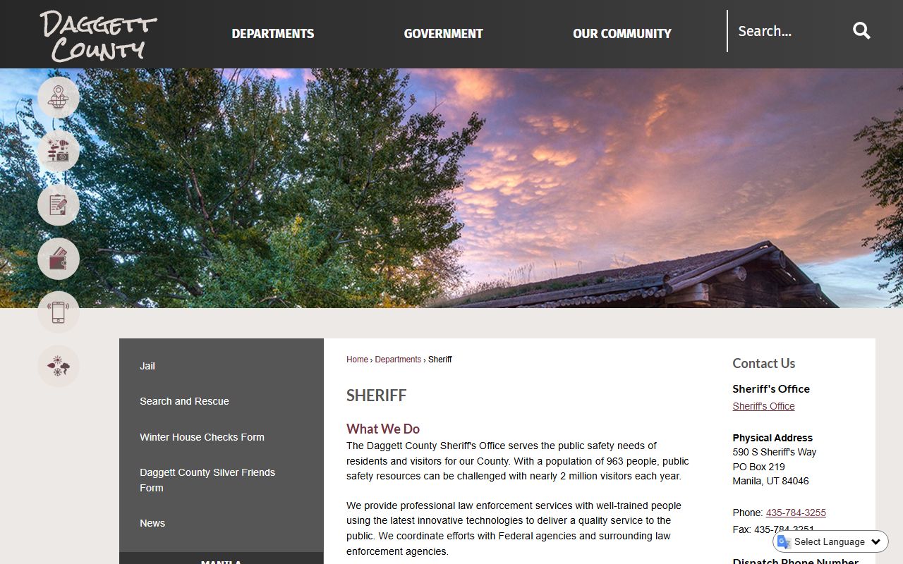 Daggett County Sheriff's Office website for criminal records and law enforcement