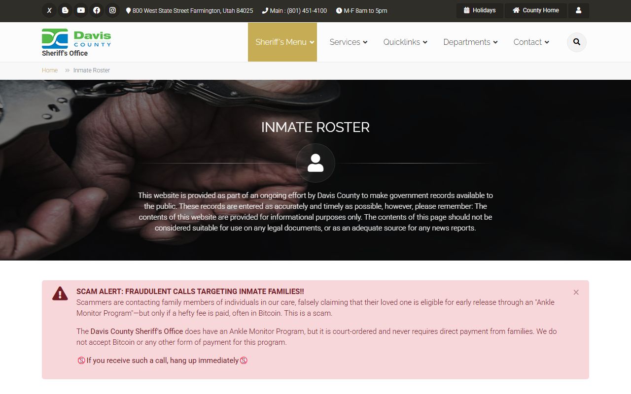 Davis County Sheriff's Office inmate roster and criminal records page