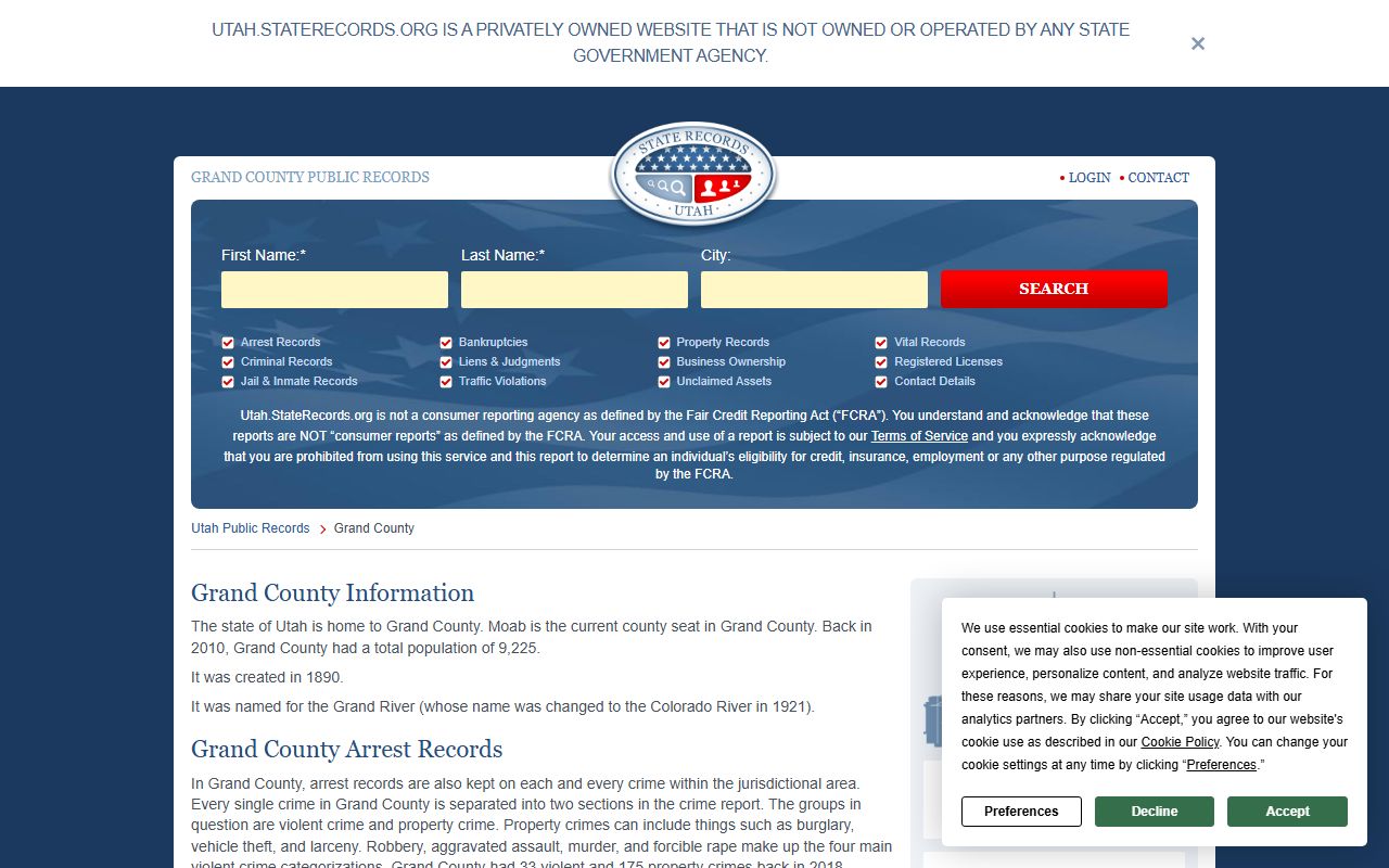 Grand County criminal records search via Utah State Records