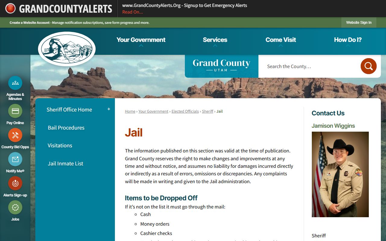 Grand County Jail information page for inmate records and booking information
