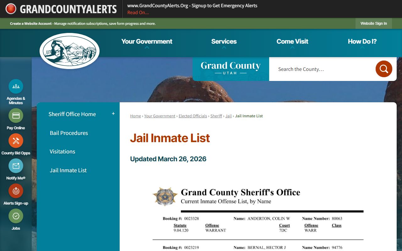 Grand County Jail inmate list page for current booking information