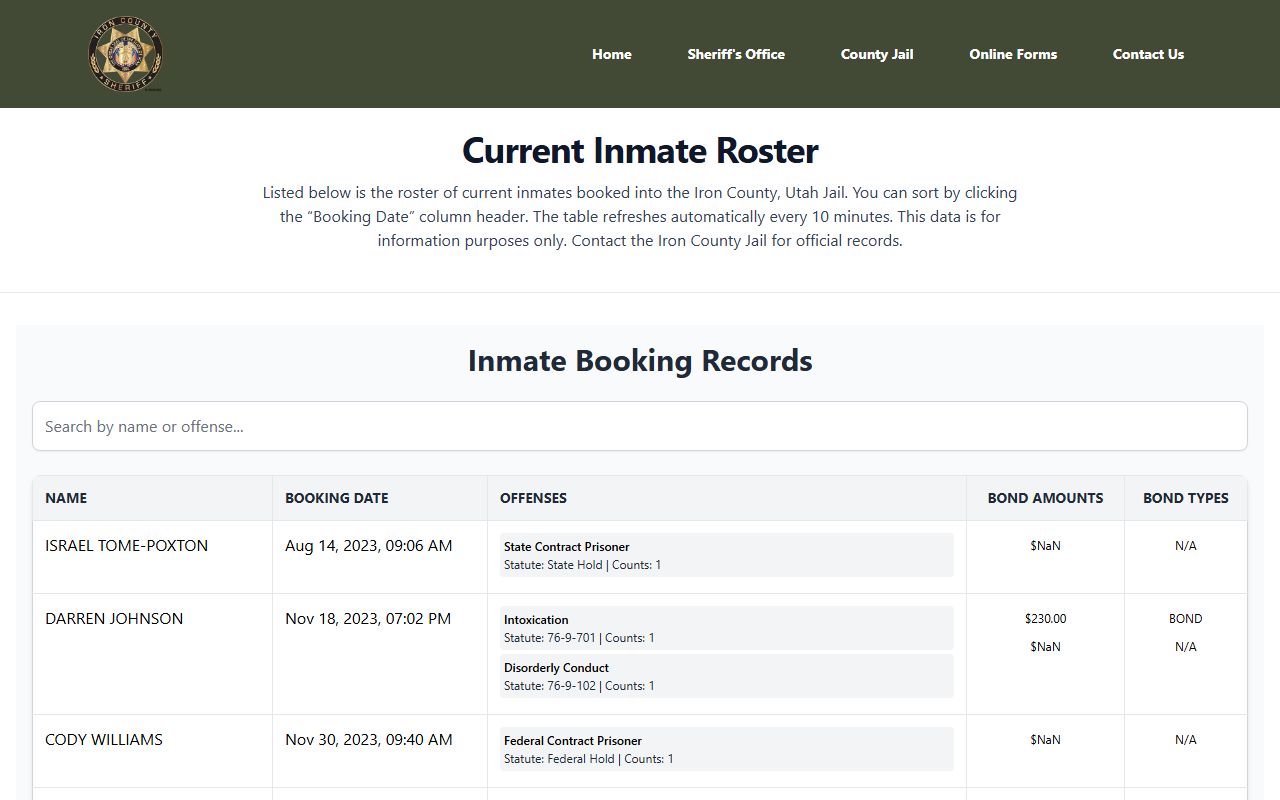 Iron County current inmate roster showing booking information and arrest records