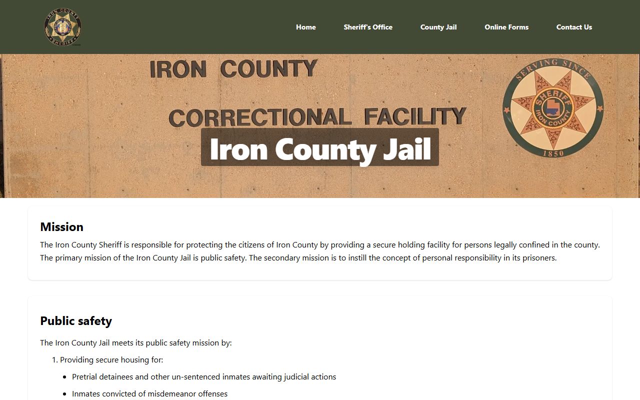 Iron County Jail Division page for inmate booking and criminal records