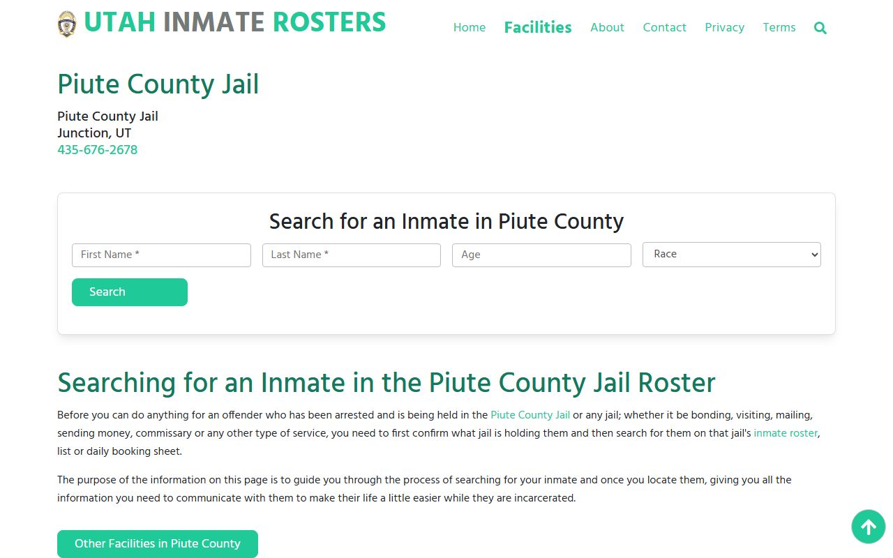 Piute County Jail information page for criminal records and booking data
