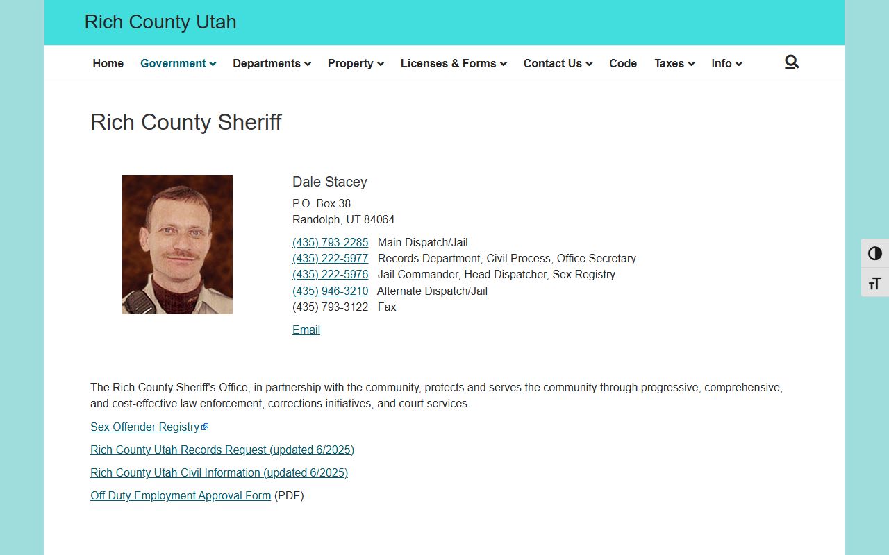 Rich County Sheriff's Office official page for criminal records and arrest information