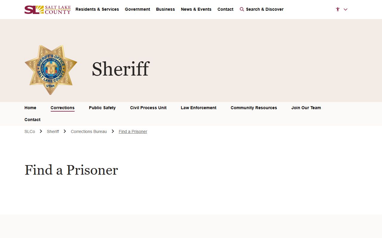 Salt Lake County Find a Prisoner page for inmate search and criminal records
