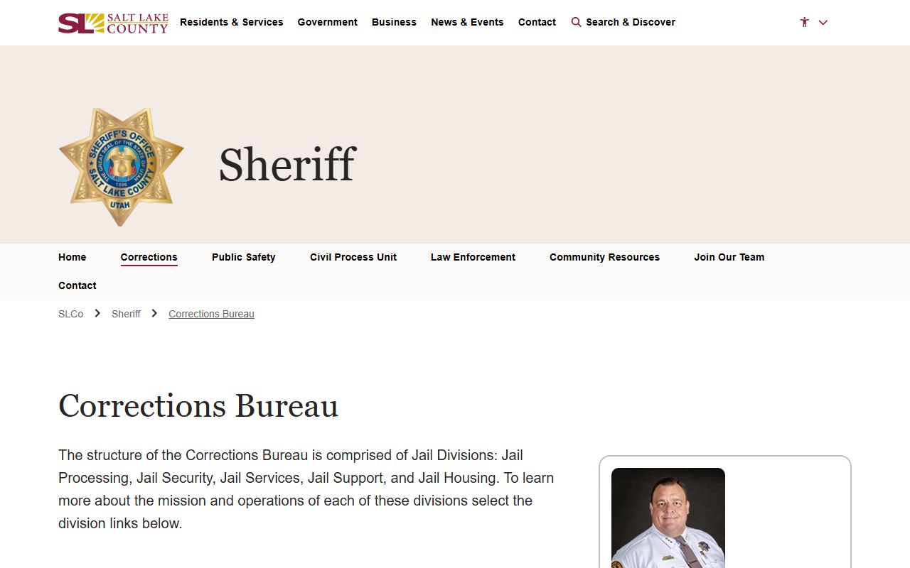Salt Lake County Corrections Division page for inmate services and jail records