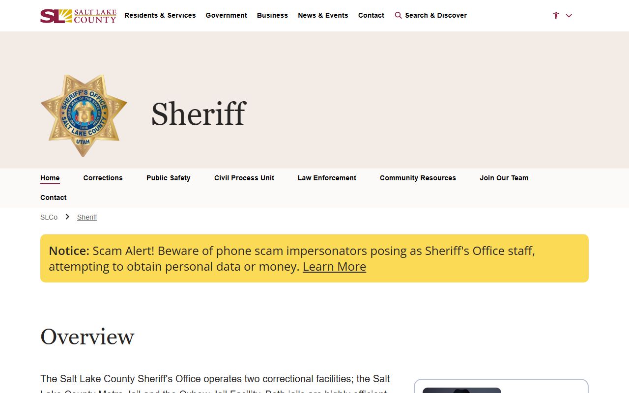 Salt Lake County Sheriff's Office website for criminal records and arrest information