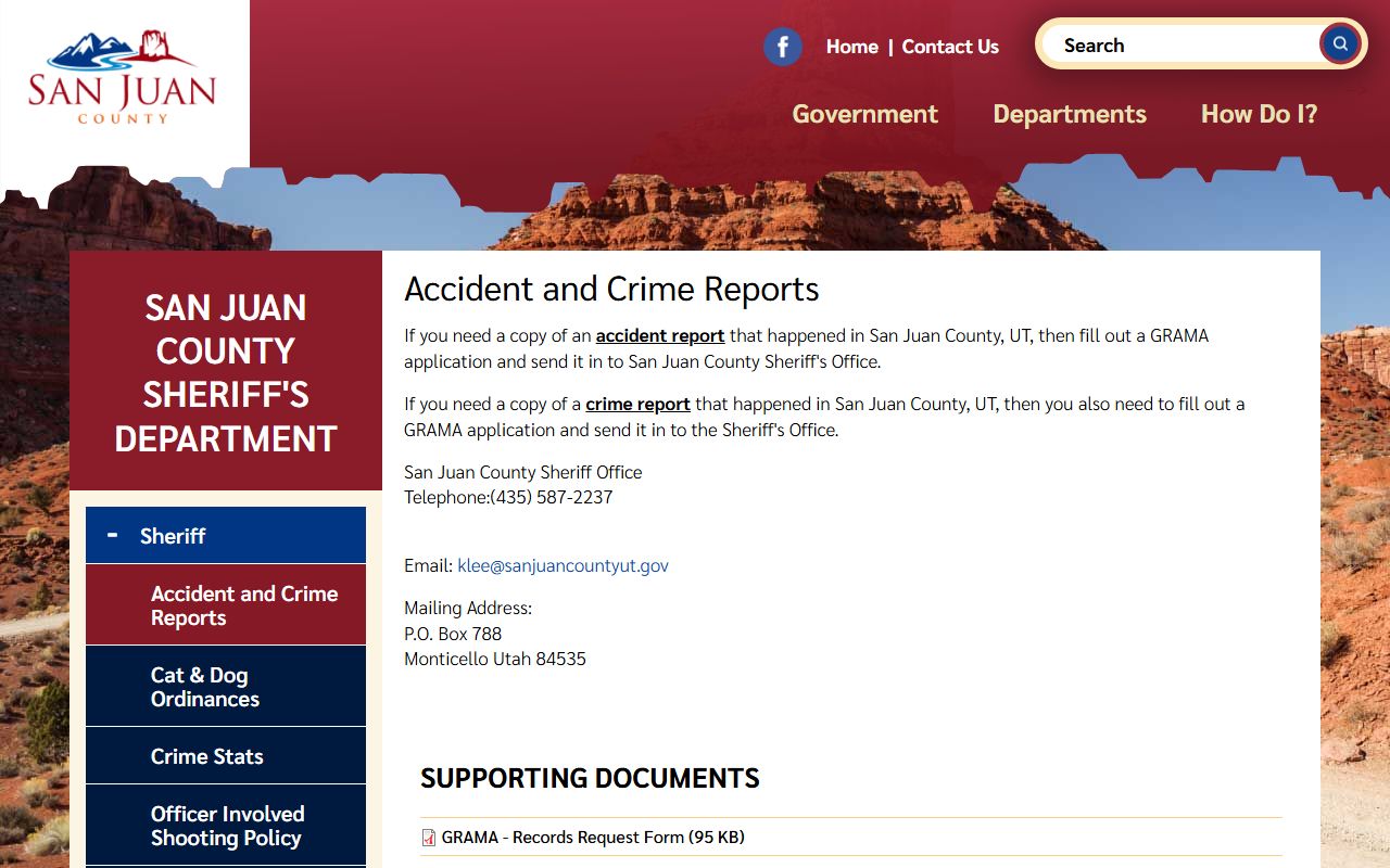 San Juan County accident and crime reports page for GRAMA records requests