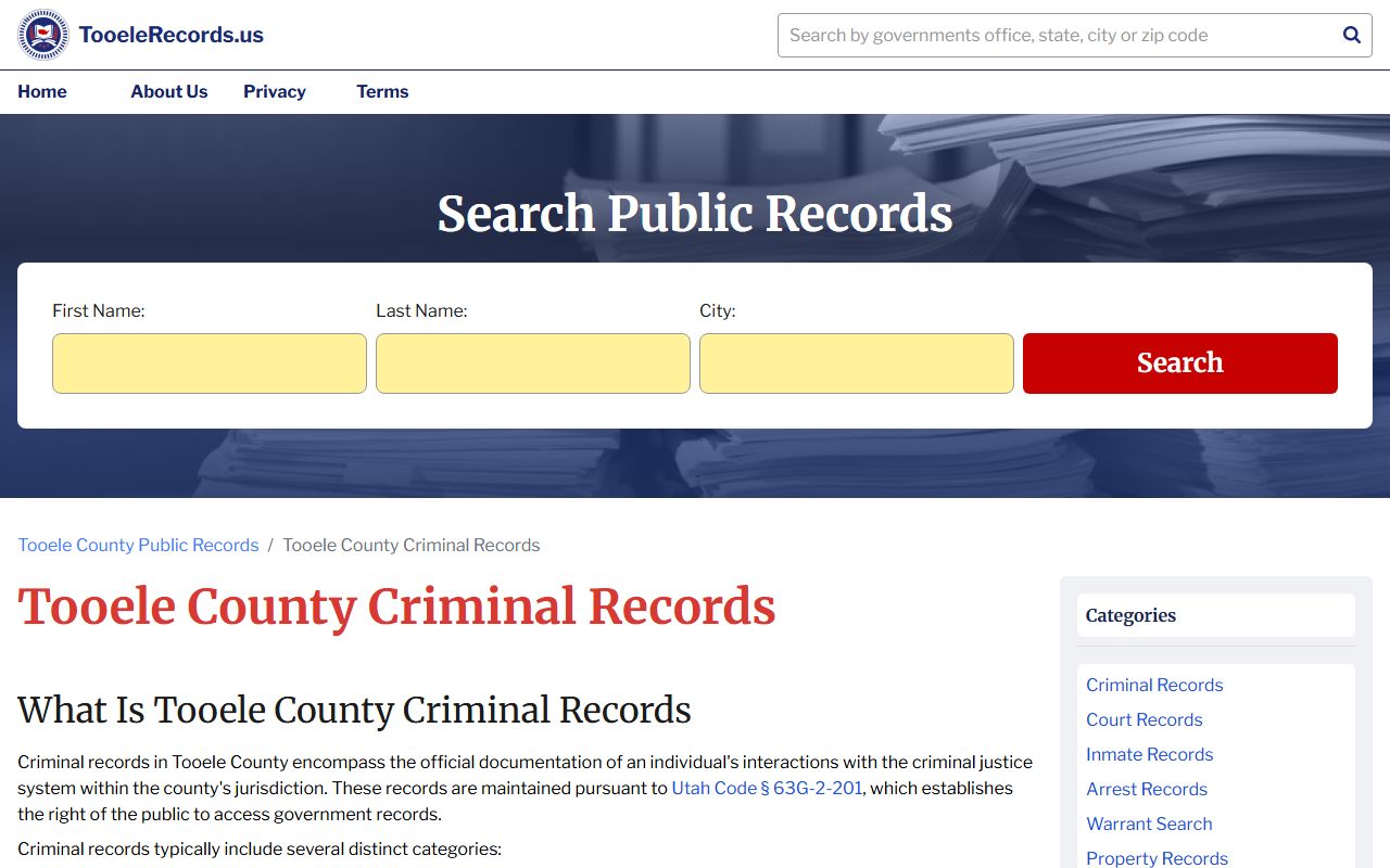 Tooele County criminal records directory for booking and conviction data