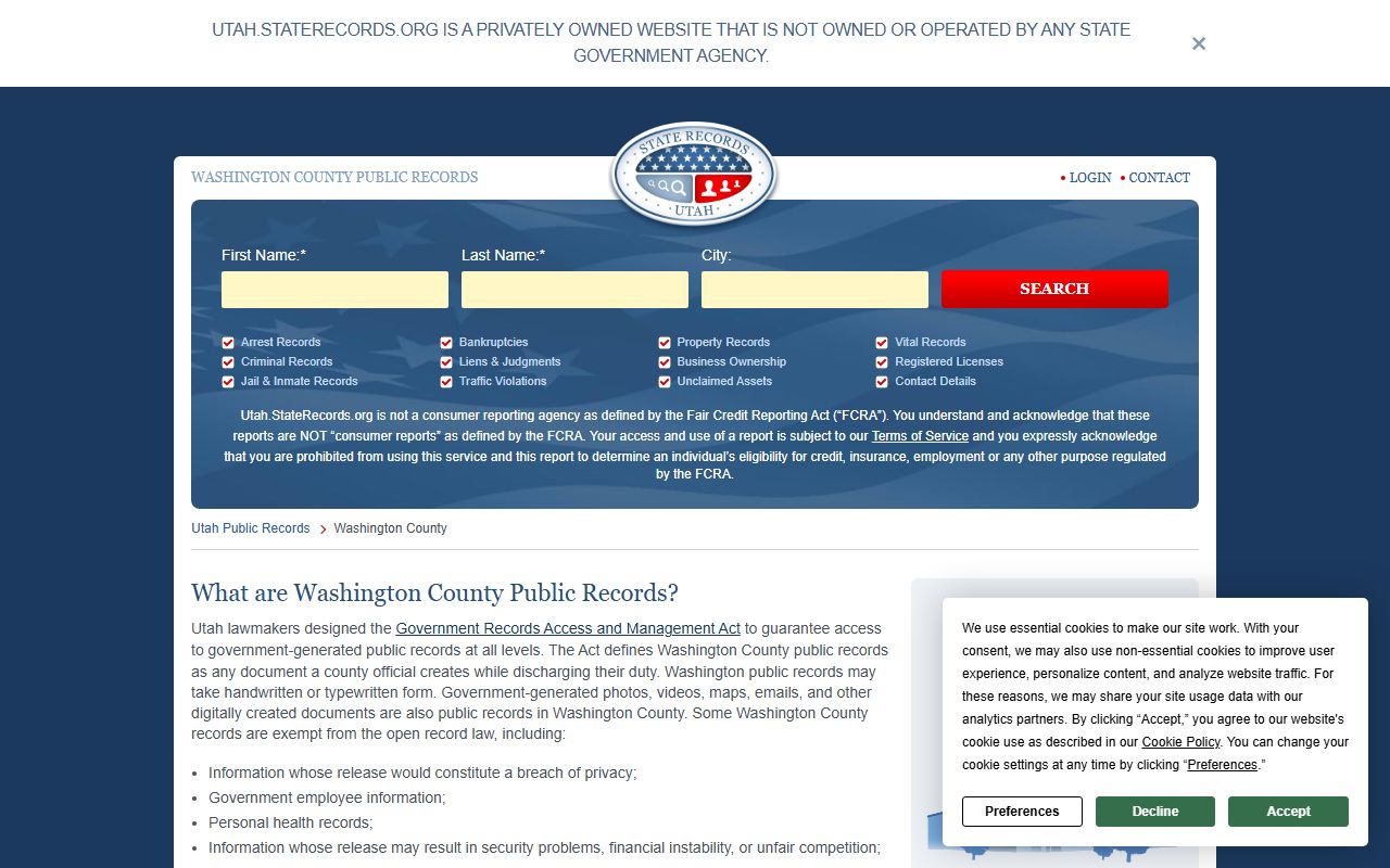 Washington County criminal records directory for St. George area arrest and booking searches
